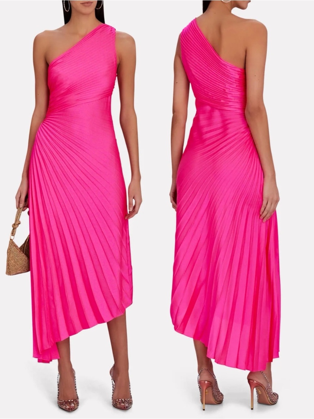 NEW NWT A.L.C. Delphine One Shoulder Plisse Pleated Midi Dress In Pink